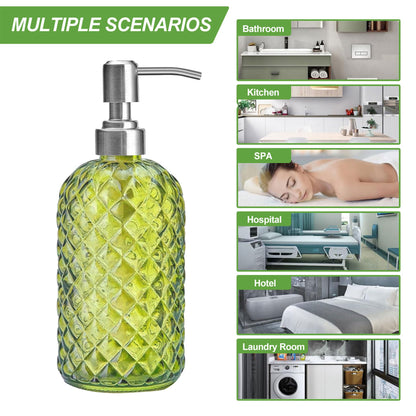 2Pcs Glass Soap Dispenser Green - 350ml/ 16 Oz Hand Soap Dispenser with Rustproof Stainless Steel Pump Liquid Hand Jar Refillable Glass Bottle for