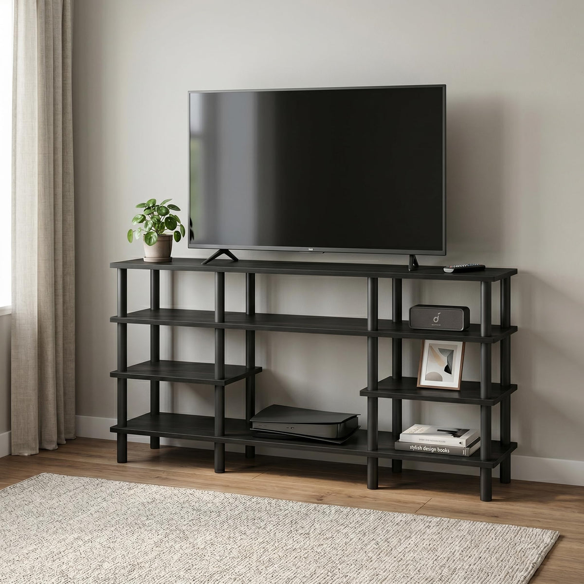 Furinno TURN-N-TUBE TV Stand, 4-Tier Multipurpose Wide Shelf Entertainment Center, TV Console for TV up to 55 Inch, for Living Room, Bedroom, Espresso