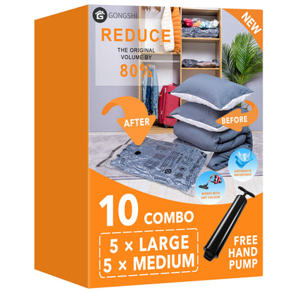10 Pack Vacuum Storage Bags (5 x Large, 5 x Medium), Space Saver Sealer Compression Bags with Travel Hand Pump for Blankets, Comforters, Pillows