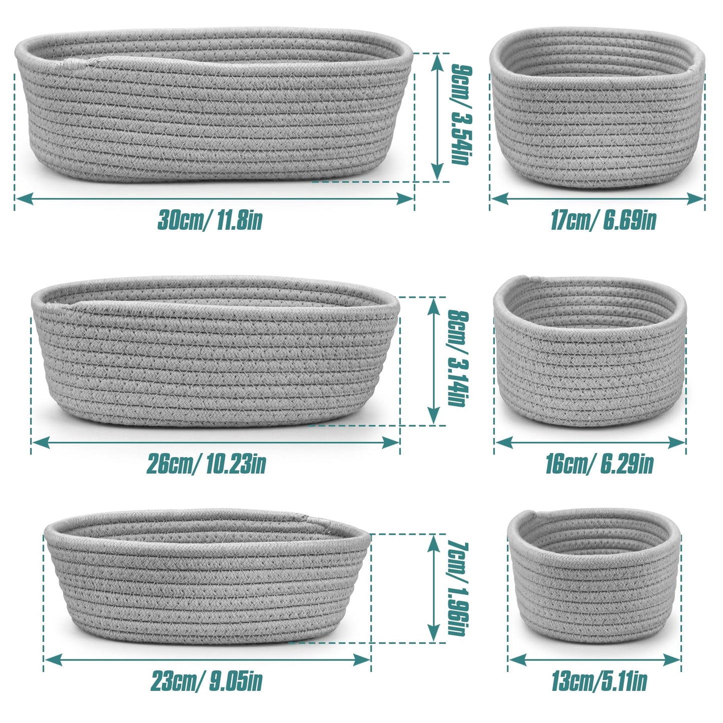 Spesh Cotton Rope Storage Baskets, Set of 3 Woven Shelf Baskets Oval Cotton Storage Boxes Empty Hampers Organiser Bins(Grey)