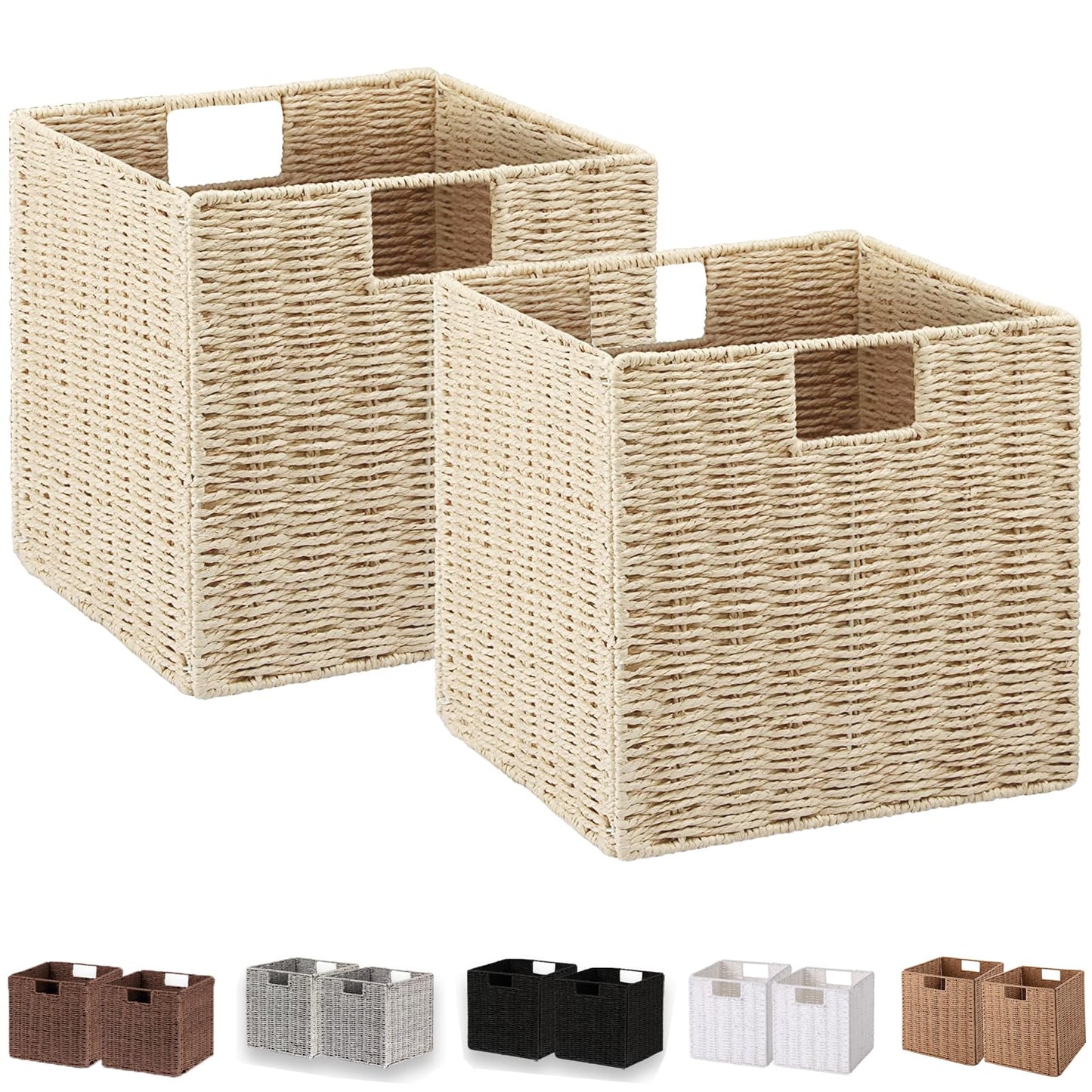 Vagusicc Wicker Storage Baskets, Set of 2 Hand-Woven Paper Rope Foldable Cube Bins Organizer, 11 Inch Square for Shelves Pantry Organizing Decor