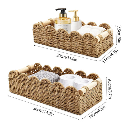 2 PCS Rattan Scalloped Basket, Wicker Storage Basket for Countertop Shelves with Wooden Handles