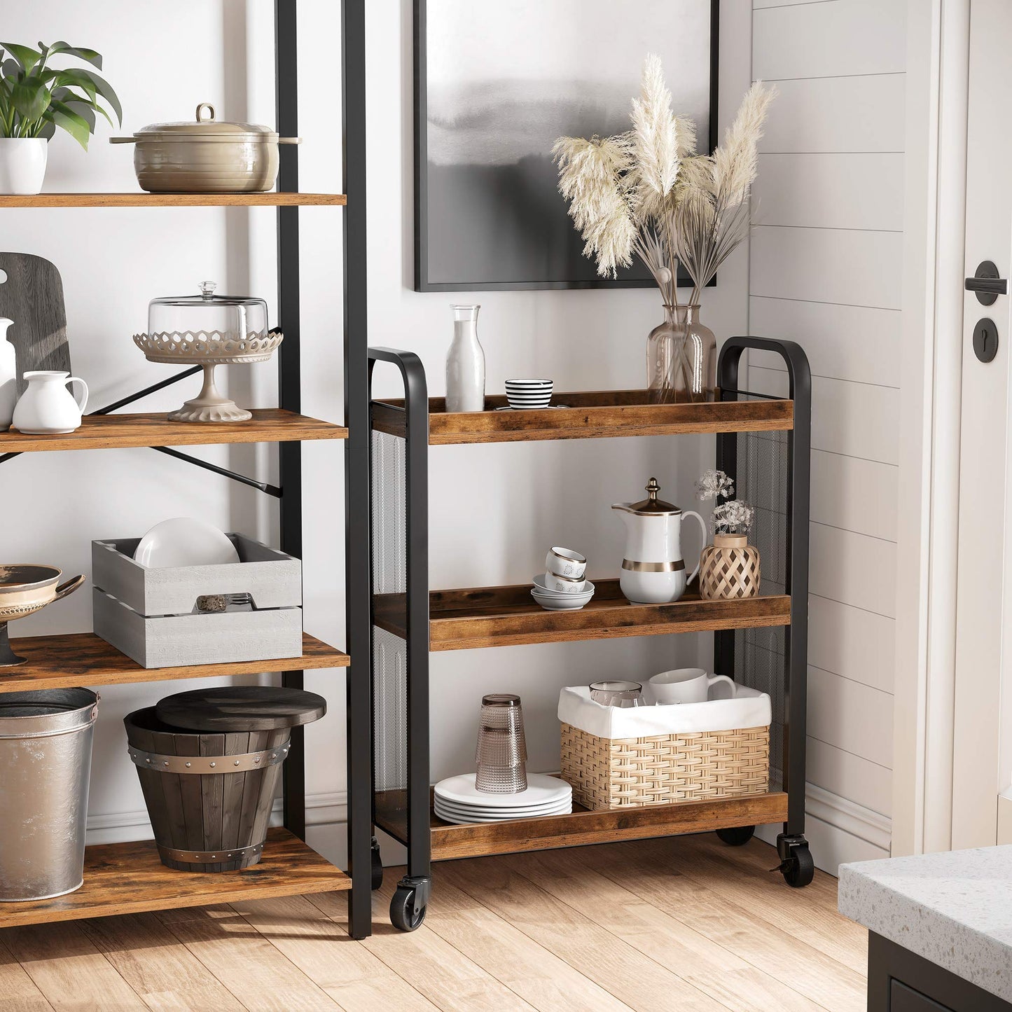 VASAGLE Industrial Style Lunch Trolley, Space-Saving Trolley Fixed or with Universal Wheels, Kitchen Shelf with Iron Frame, 66 x 26 x 85 cm, Vintage Brown LRC66BX