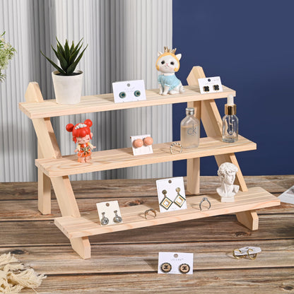 LEXFUNN Wooden Jewellery Display Rack Stand Earring Stall Stand Organizer Shelf 3/4 Tier (3 Tier)