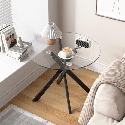 GOLDFAN Glass Side Table High Gloss Round End Table with Tempered Glass Top and Metal Tubular Legs