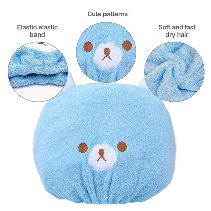 TSHAOUN 2 Pieces Bath Caps, Absorbent Hair Drying Wrap Towel, Cute Bear Embroidery Coral Velvet Wet Kids Hair Dry Turban Wrap Quick Dry Head Towel