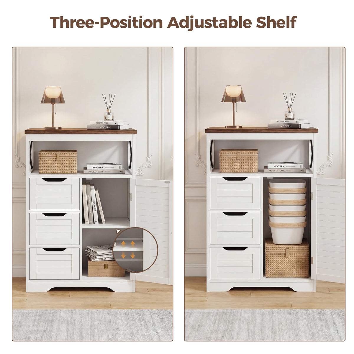 BonVache Kitchen Cabinet, Louvre design, Sideboard with Open Compartment and Drawer, Kitchen Cupboard with Adjustable Shelf, Ideal for Dining Room