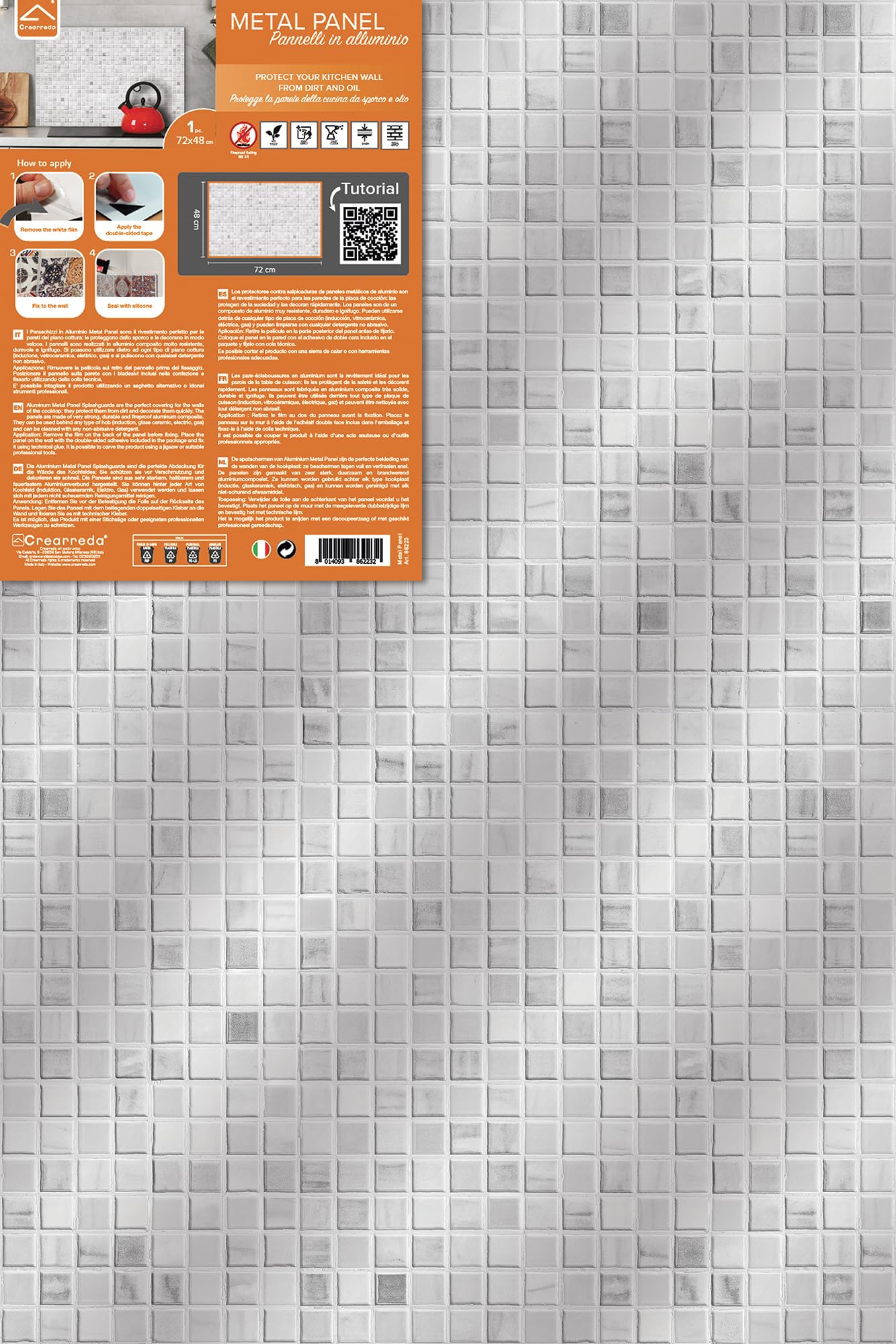 CREARREDA White Mosaic Aluminium Kitchen Splash Guard 72 x 48 cm Easy to Apply Made in Italy Protection for Stoves and Sinks Washable and Easy to