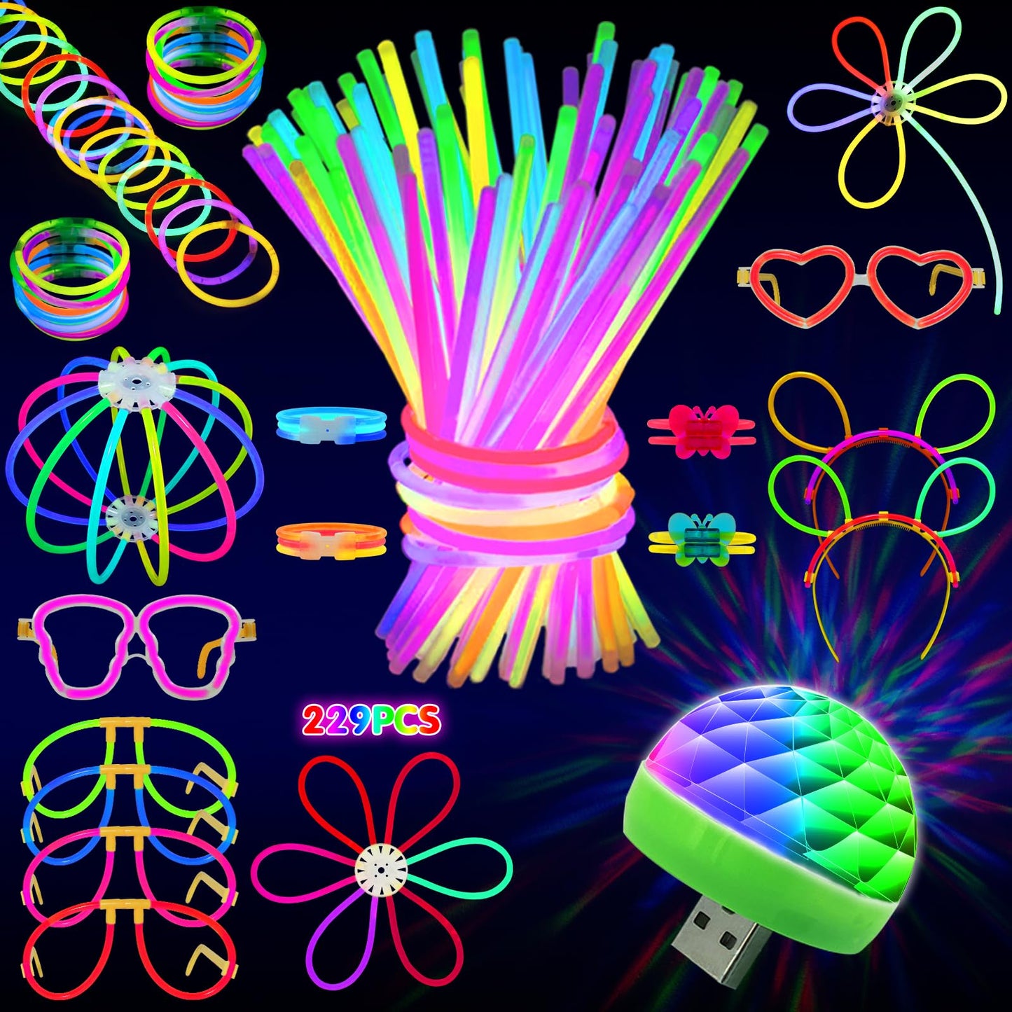 New Years Eve Decorations 2026,MOSSDNAR 229pcs Glow Sticks Party Pack with USB Mini Disco Light Neon Accessories,Party Bag Fillers for Adult