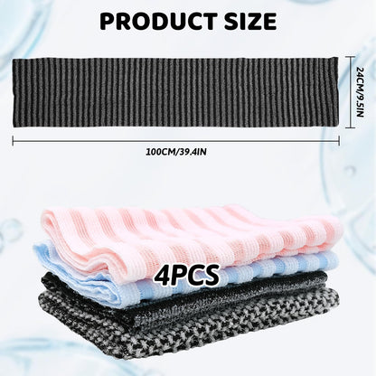 Japanese Exfoliating Shower Towel 4-Pack - Strong Exfoliation Back Scrubber for Dead Skin, Antibacterial Nylon Mesh Washcloth