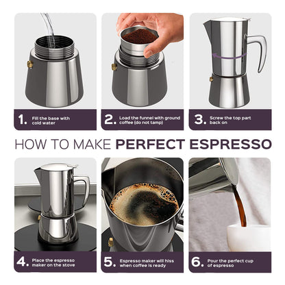 bonVIVO Moka Pot - 6 Cup Intenca Stainless Steel Espresso Maker w/Black Finish - Stove Top Italian Coffee Maker - 300ml Cup Coffee Pot - Gifts for Men