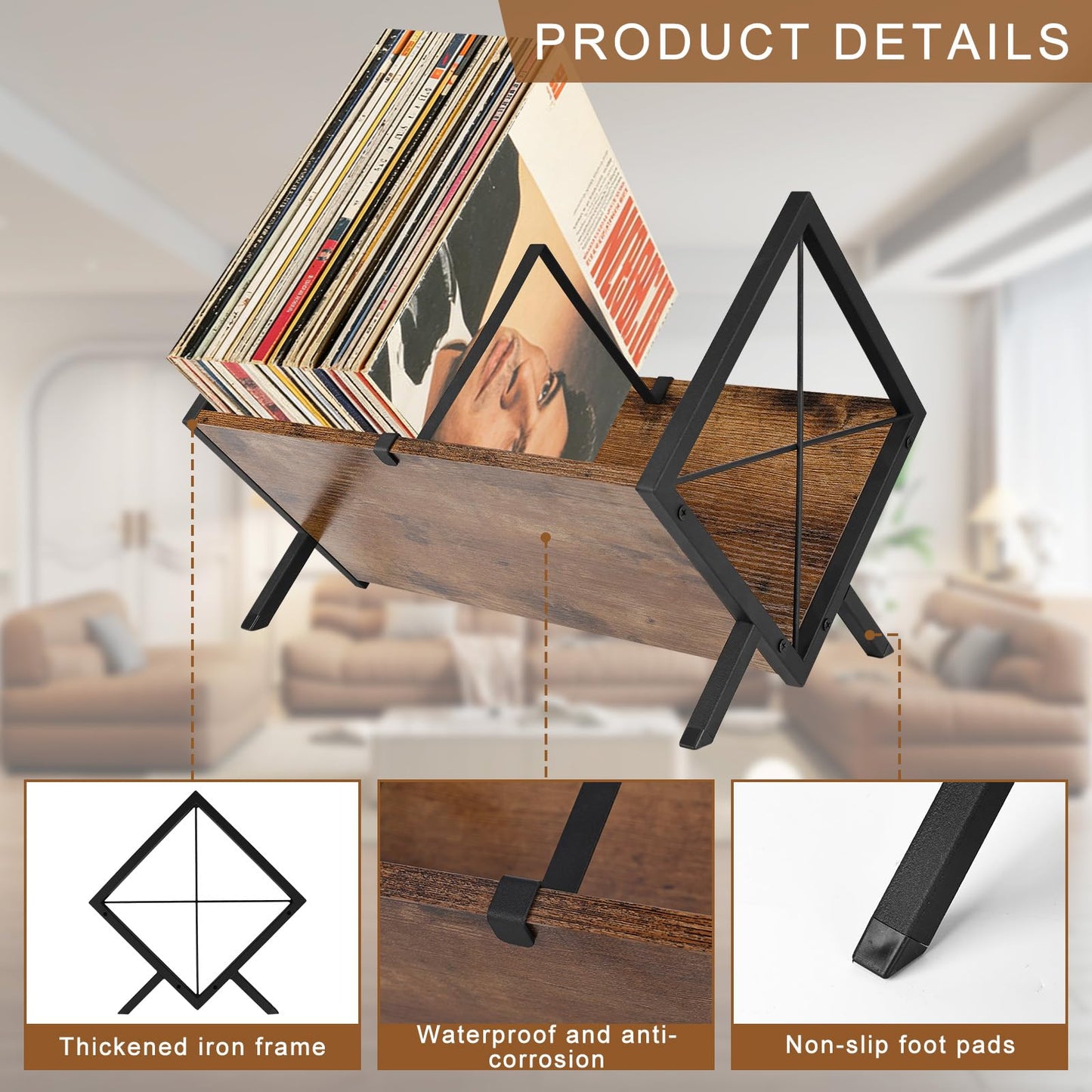 bssmmai Vinyl Record Storage Rack, 80-100 LP Vinyl Record Holder with Anti-Slip Mat, Wooden Record Shelf with Adjustable Divider for Album, CDs