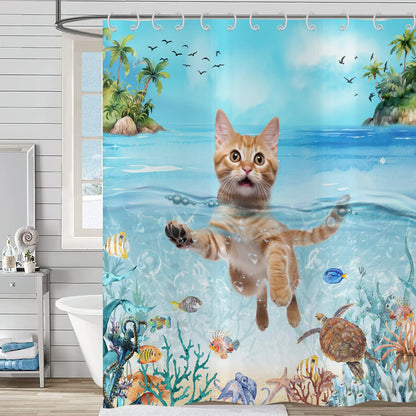 Hnmdmyi Funny Cat Shower Curtain 180x200, Cute Kitten Swimming in Blue Ocean Sea Turtle Tropical Fish Starfish Coral Kids Bathroom Shower Curtains