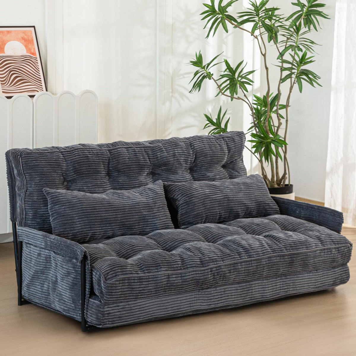 MAXYOYO Adjustable Floor Sofa Couch with 2 Pillows, Multi-Functional Bean Bag Bed, 5-Position Foldable Lazy Sofa Sleeper Bed with Armrest