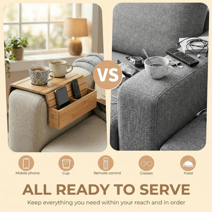Bamboo Sofa Arm Tray, Foldable Anti Slip Couch Armrest Table with Cup Holder, Phone Holder and Storage Compartments
