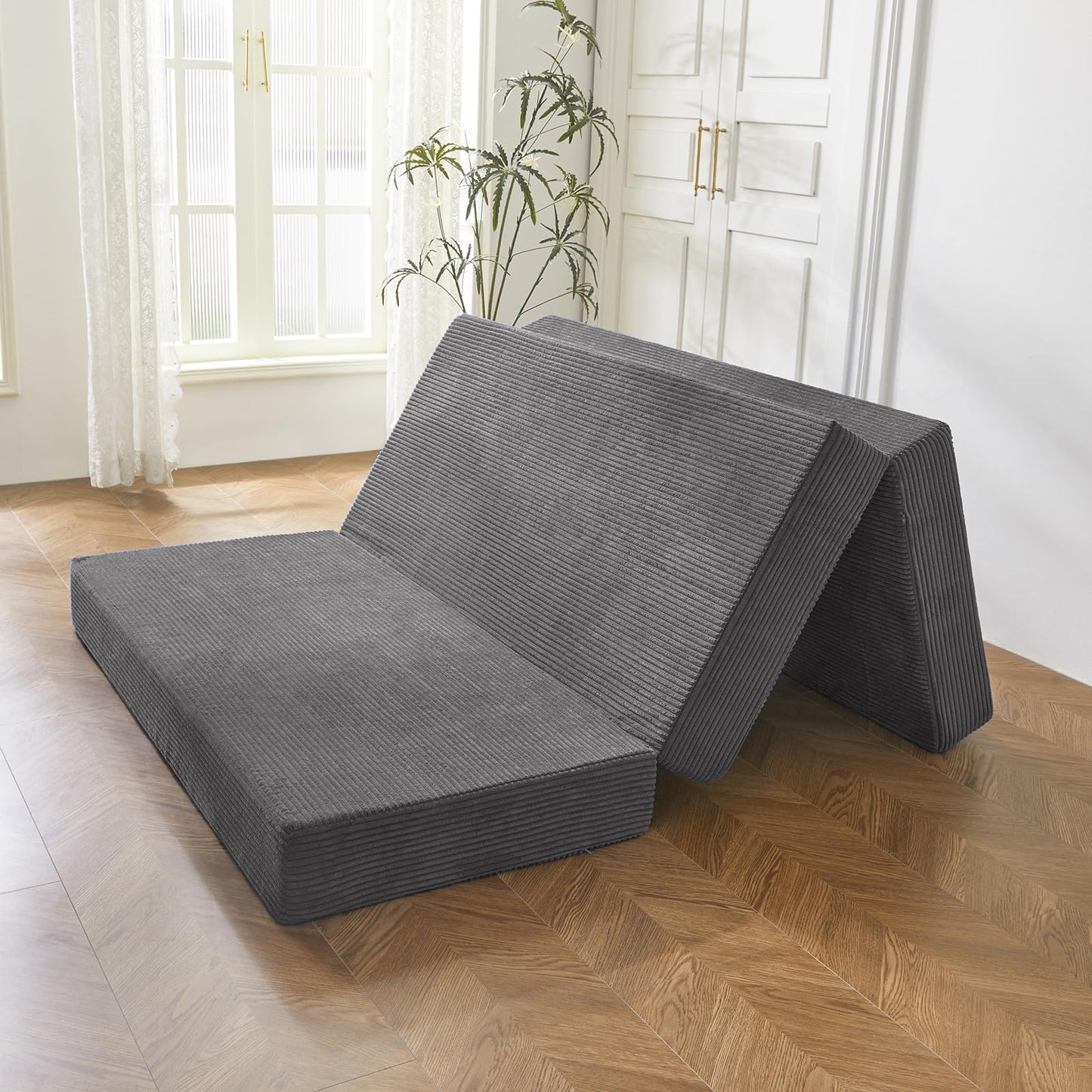 MAXYOYO Folding Corduroy Mattress, Tri Fold Floor Mattress 10cm thick with Washable Cover,Foldable in Three,Space-Saving for Guest (Charcoal, King)