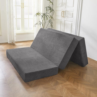 MAXYOYO Folding Corduroy Mattress, Tri Fold Floor Mattress 10cm thick with Washable Cover,Foldable in Three,Space-Saving for Guest (Charcoal, King)
