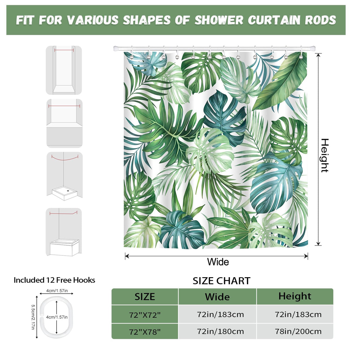 hometrixx Summer Jungle White Green Palm Tree Leaf Shower Curtain 72X72In