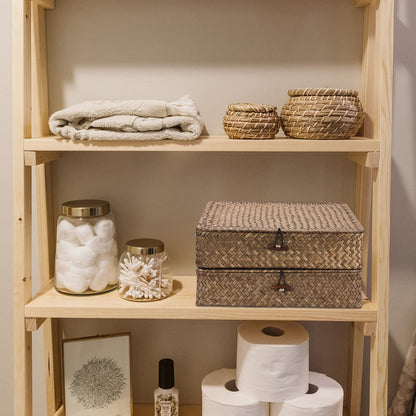 IGNPION Seagrass Storage Basket with Lid, Bathroom Woven Shelves Box Set of 2 Wicker Decorative Baskets, Flat Desk and Shelves Basket Bins