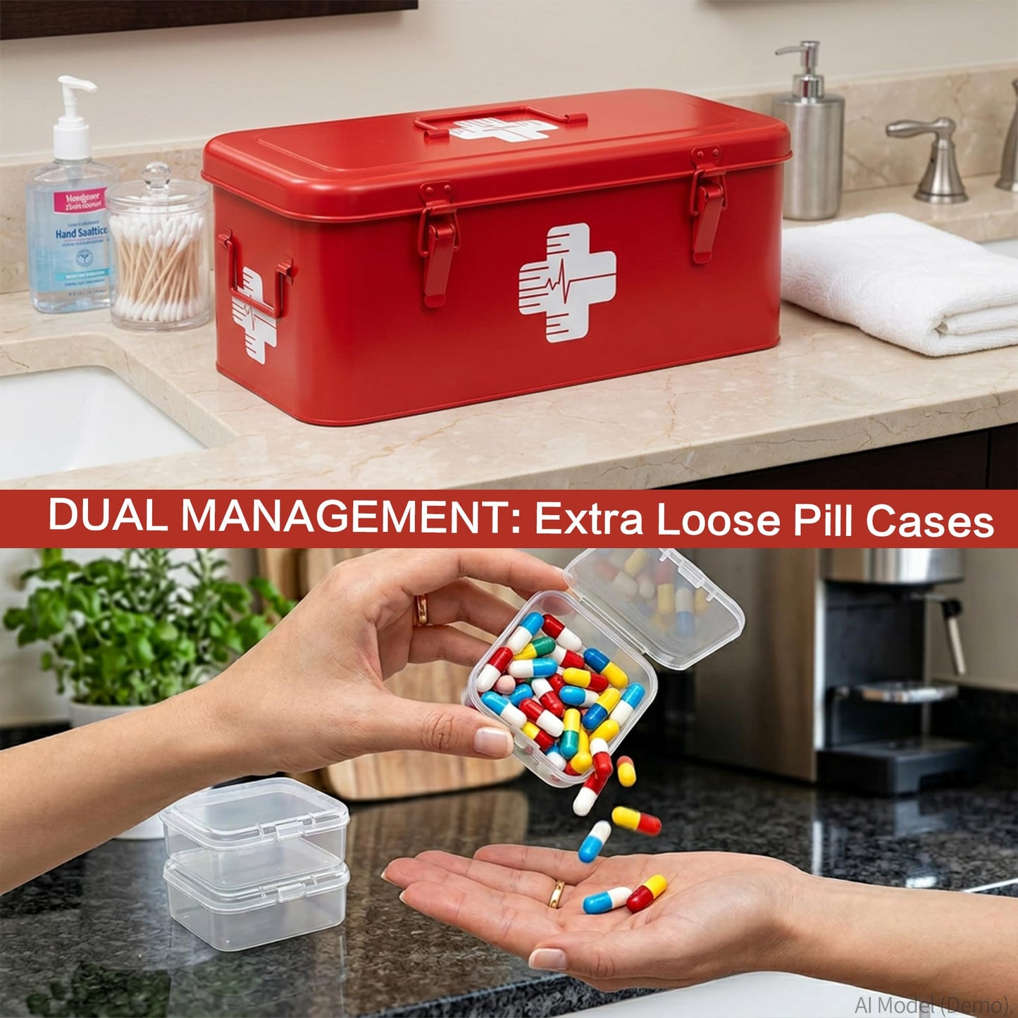 Orionstar First Aid Medicine Box, First Aid Cabinet with Top Handle, Metal Medicine Storage Tin with 3 Portable Medicine Boxes
