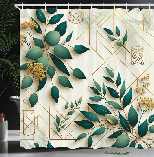 ABAKUHAUS Eucalyptus Leaves Shower Curtain, Autumn Blooms, Cloth Fabric Bathroom Decor Set with Hooks, 175 x 200 cm, Dark Teal Amber Ivory