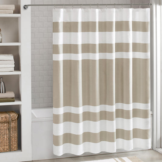 Madison Park Shower Curtain Waffle Weave Striped Pieced Design Fabric Shower Curtain for Bathroom with 3M Scotchgard Moisture Management Premium Spa
