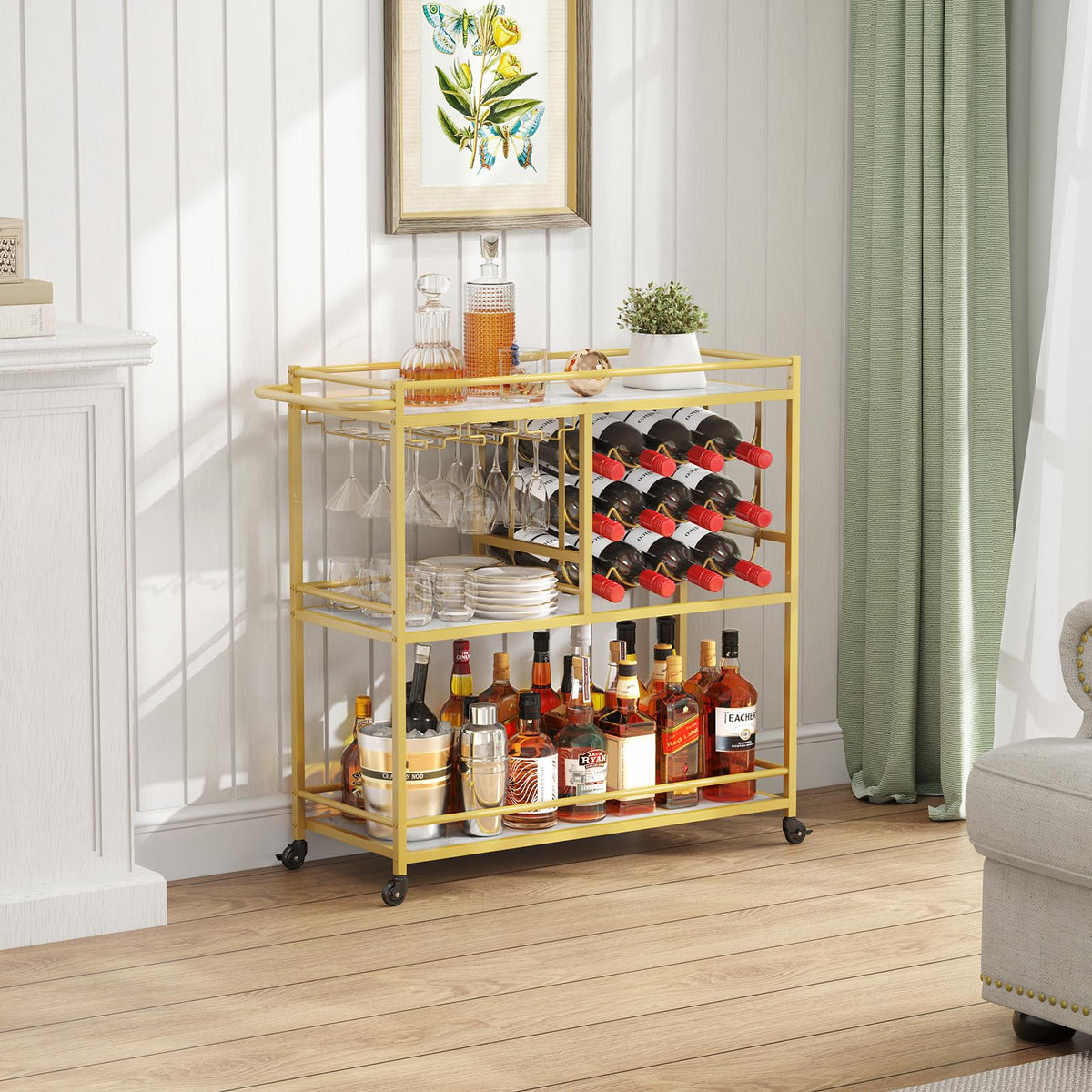 Lifewit 3 Tier Drinks Trolley with Lockable Wheels,Gold
