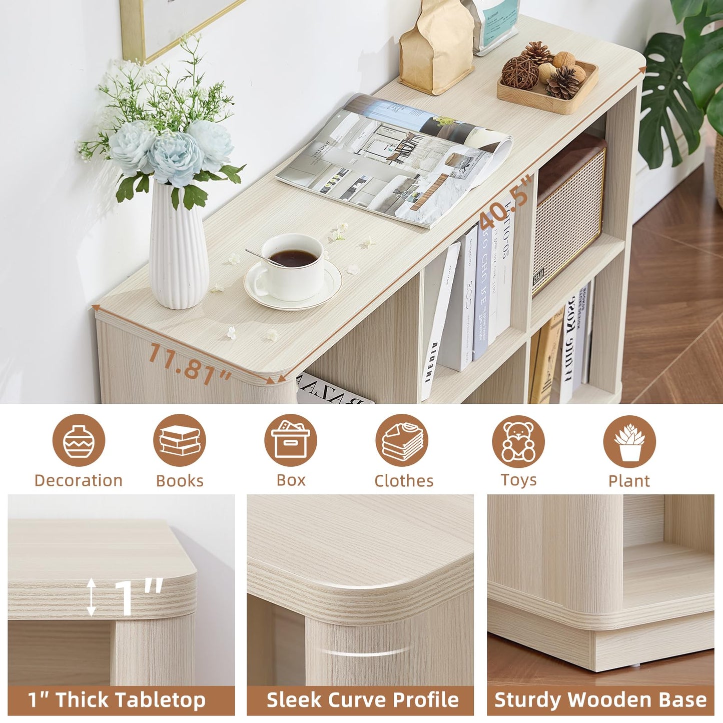 LELELINKY 6 Cube Storage Bookcase, 40" Wide Wooden Book Shelf with Thickened Base, Freestanding 2-Tier Open Book Case Unit with Curved Edge