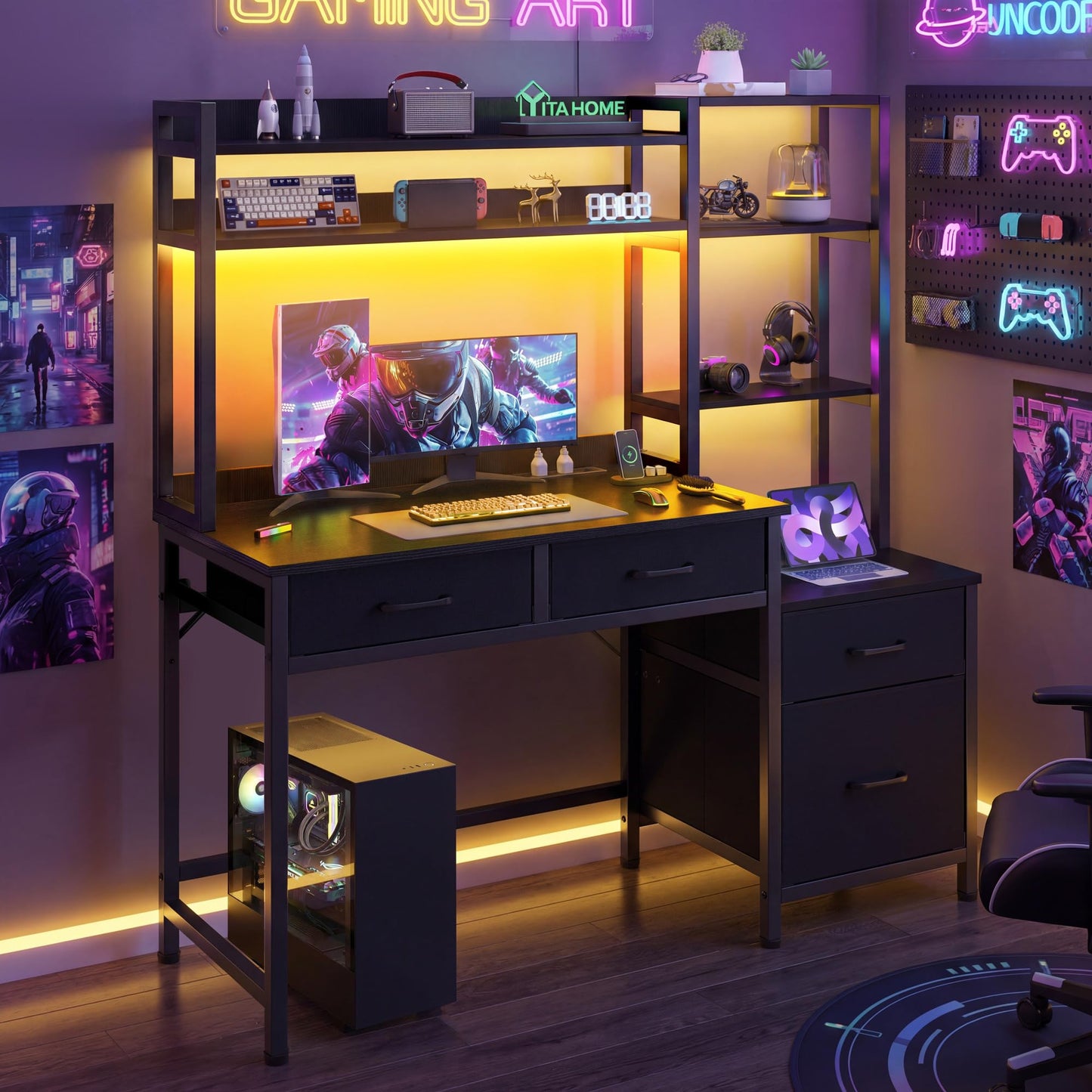 YITAHOME Computer Desk with Drawers LED Power 128cm Home Office Black