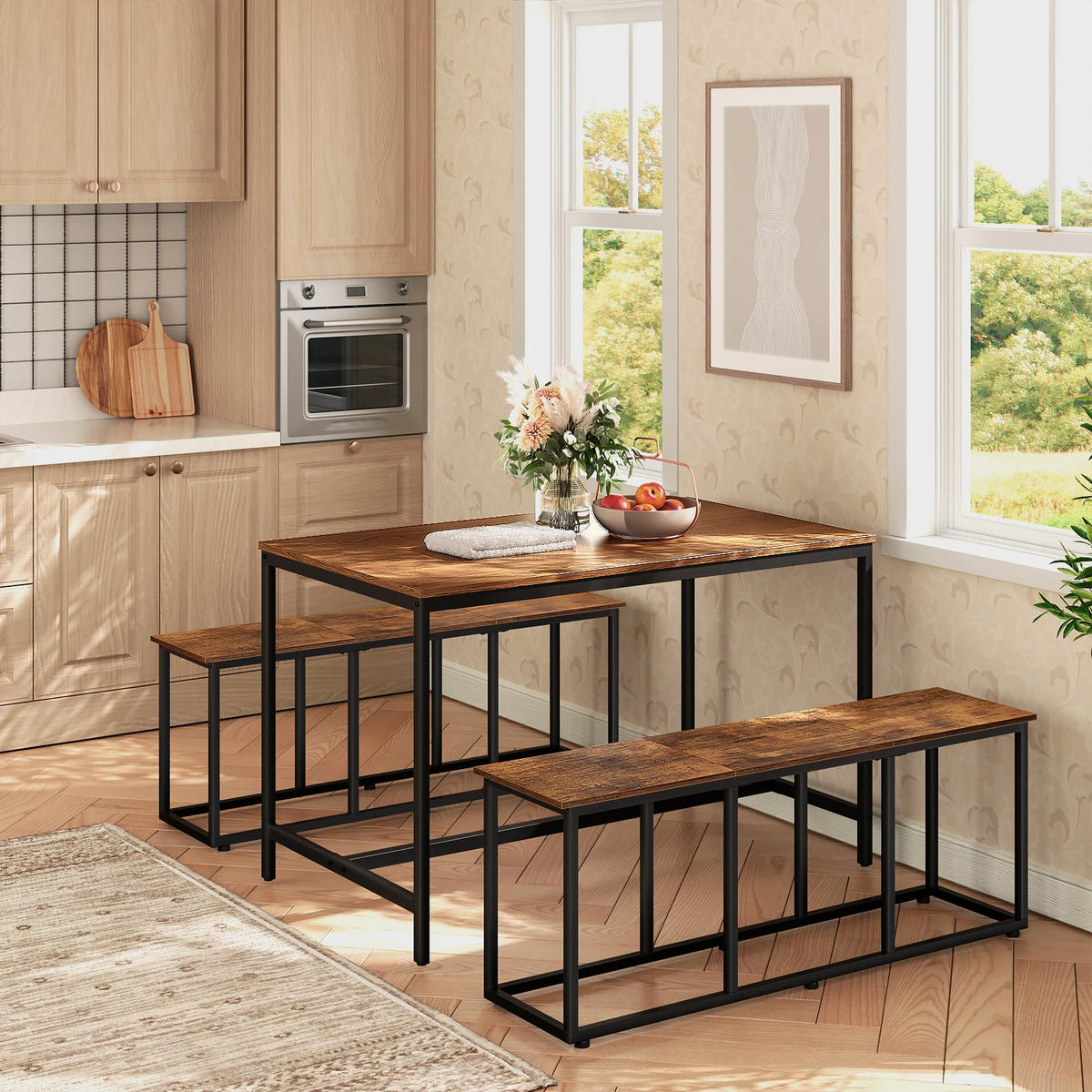 HOOBRO 120 cm Dining Bench, Industrial Indoor Kitchen Bench Seat, Easy Assembly, for Kitchen, Entryway, Bedroom, Rustic Brown and Black EBF45CD01