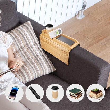 Yuhtech Sofa Arm Tray, Bamboo Sofa Arm Tray Table, Couch Cup Holder, Foldable Bamboo Pallet with Cup Holder for Snacks, Phones, Remotes