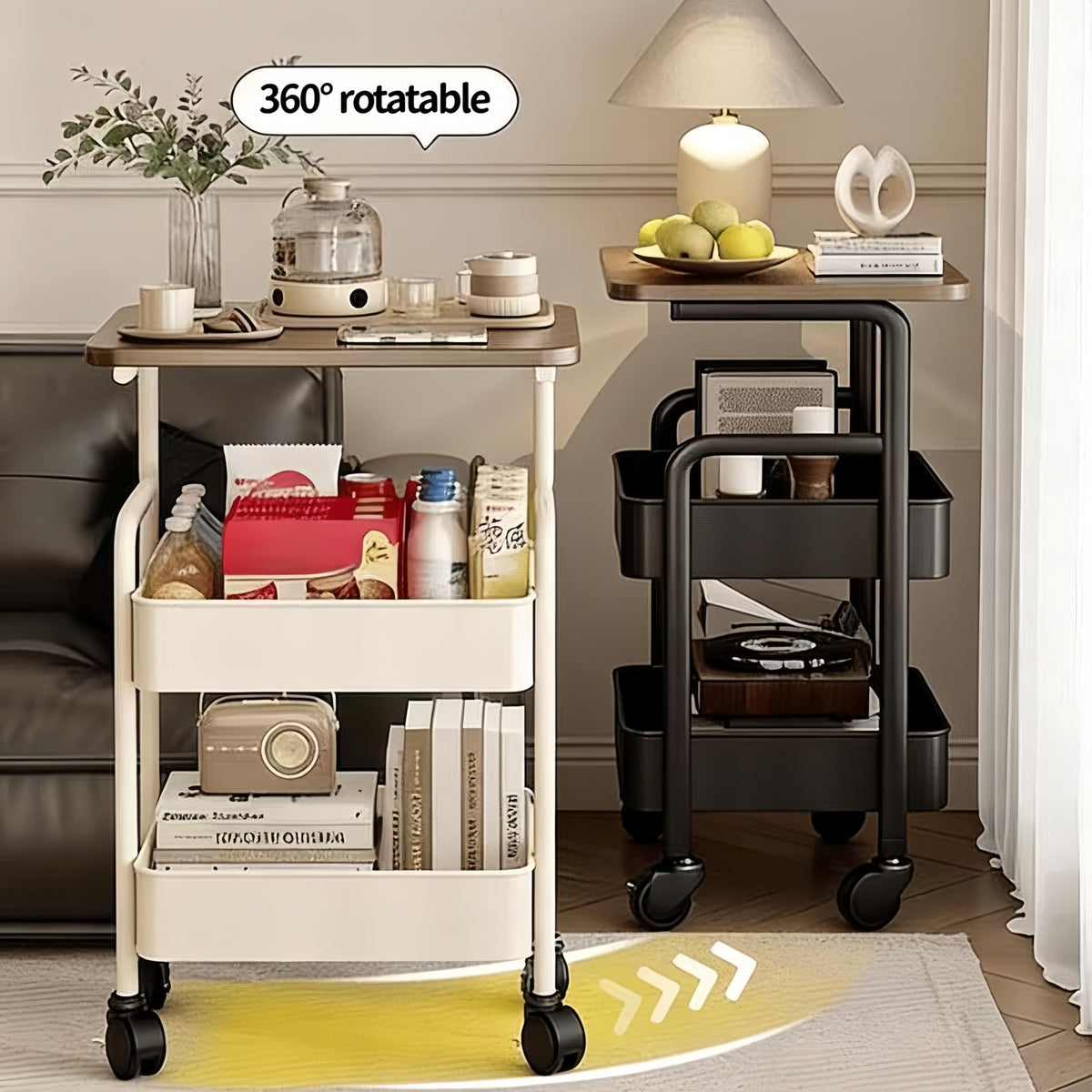 3-Tier Trolley on Wheels,with Wooden Shelves and Metal Baskets White