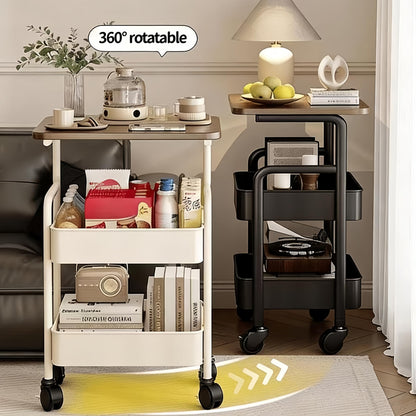 3-Tier Trolley on Wheels,with Wooden Shelves and Metal Baskets White