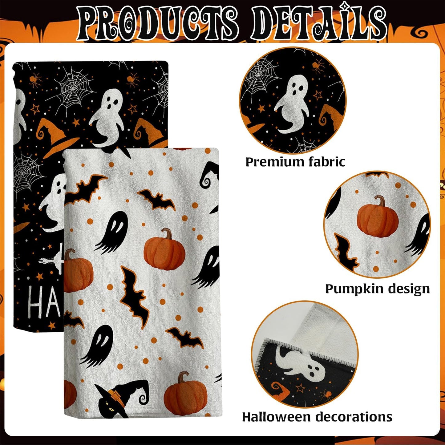 HINGTAI 2Pcs Towel Halloween Scary Ghost Pumpkin Hand Towel Drying Cloth for Kitchen Home, Living Room Dining Room Table Decor 18x26 Inch