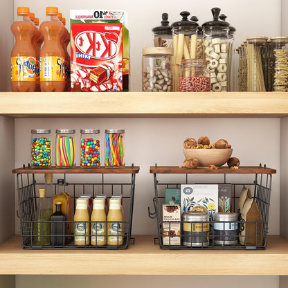 Delamu 2 Pack Potato and Onion Storage, Pantry Organizer and Storage with Wood Top, Kitchen Counter