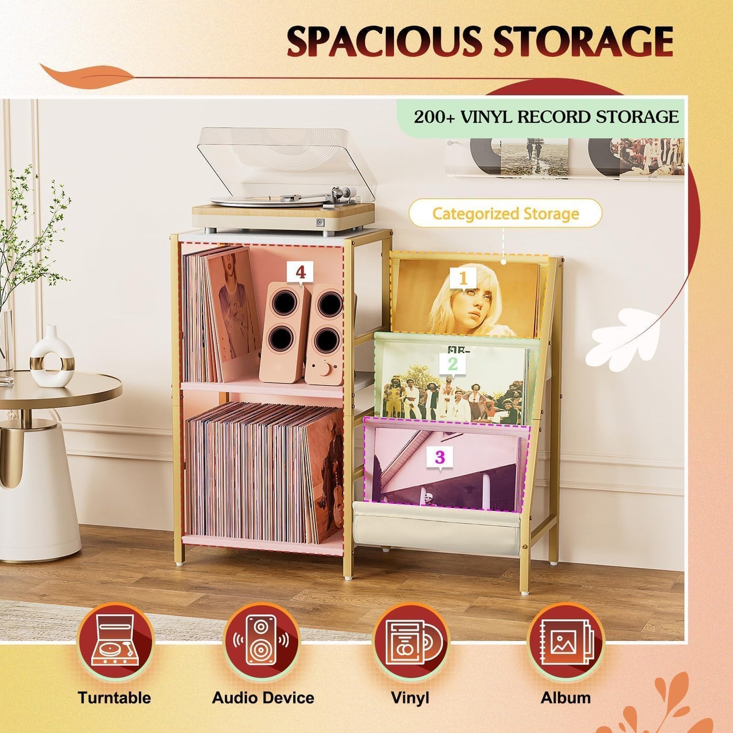 Bikoney Record Player Stand with 3-Tier Vinyl Storage for 200 LPs - Gold