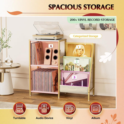 Bikoney Record Player Stand with 3-Tier Vinyl Storage for 200 LPs - Gold