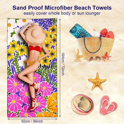 Violetpos Bold Floral Patchwork Beach Towel, Extra Large 180x90 cm 250GSM Microfibre, Sand Free Quick Dry