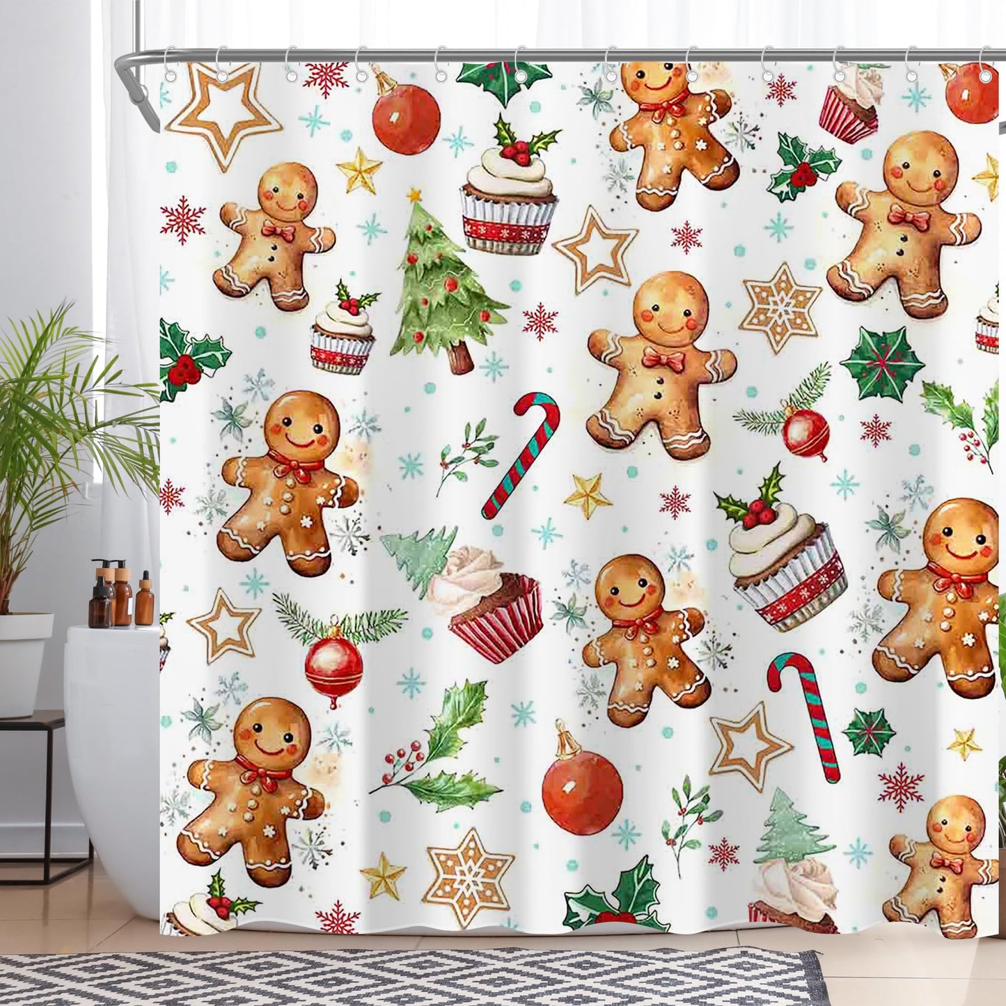 Luminora Christmas Gingerbread Man Shower Curtain for Bathroom Candy Canes Cup Cake Christmas Tree Festival Decorations Sets with 12 Hooks Waterproof