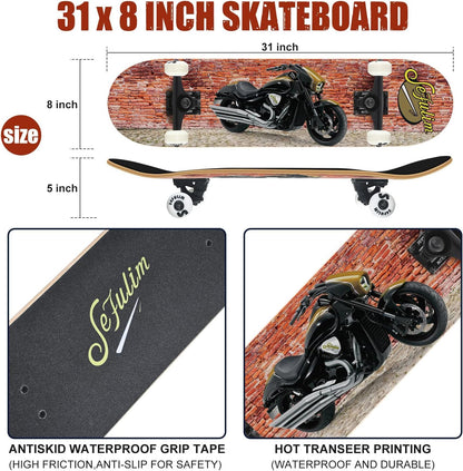 Sefulim 31 x 8 Inch Complete Skateboard 7 Layer Canadian Maple Double Kick Deck Skateboard for Boys Girls Teens Adults Beginner