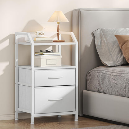 Feonase Bedside Table with 2 Fabric Drawers & Open Shelf - Sturdy Metal Frame Nightstand, Compact End Table for Bedroom, Living Room, Small Spaces