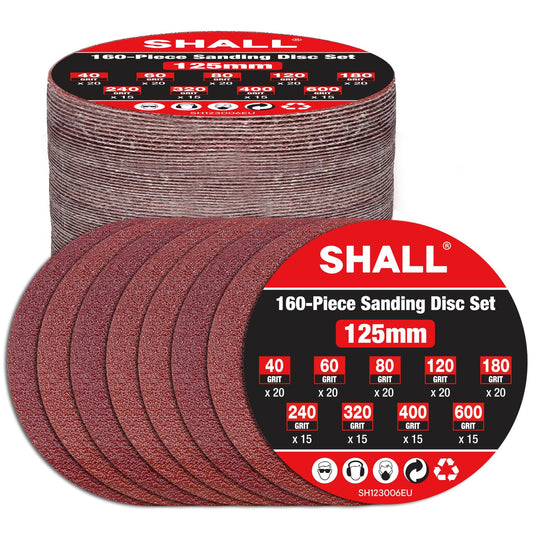 SHALL 160pcs 125mm Sanding Discs, (Hook and Loop 40/60/80/120/180/240/320/400/600 Mixed Grit), 8 Hole 5 Inch Round Sanding Discs Pads,for Orbit