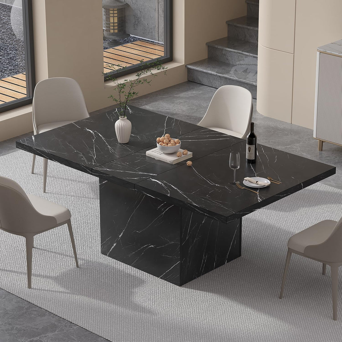 HSH Dining Table Modern Rectangle Kitchen Dinner Table 140cm Black Marble