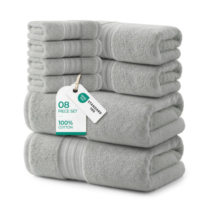 REDKISS 8 Piece Grey Towels Set with Hanging Loop-Quick Drying & Soft