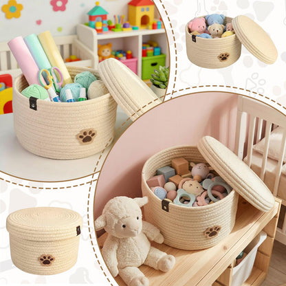 YancLife Storage Basket with Lid, Round Cotton Rope Woven Baskets, Stuffed Animal Toys Organizer for Nursery