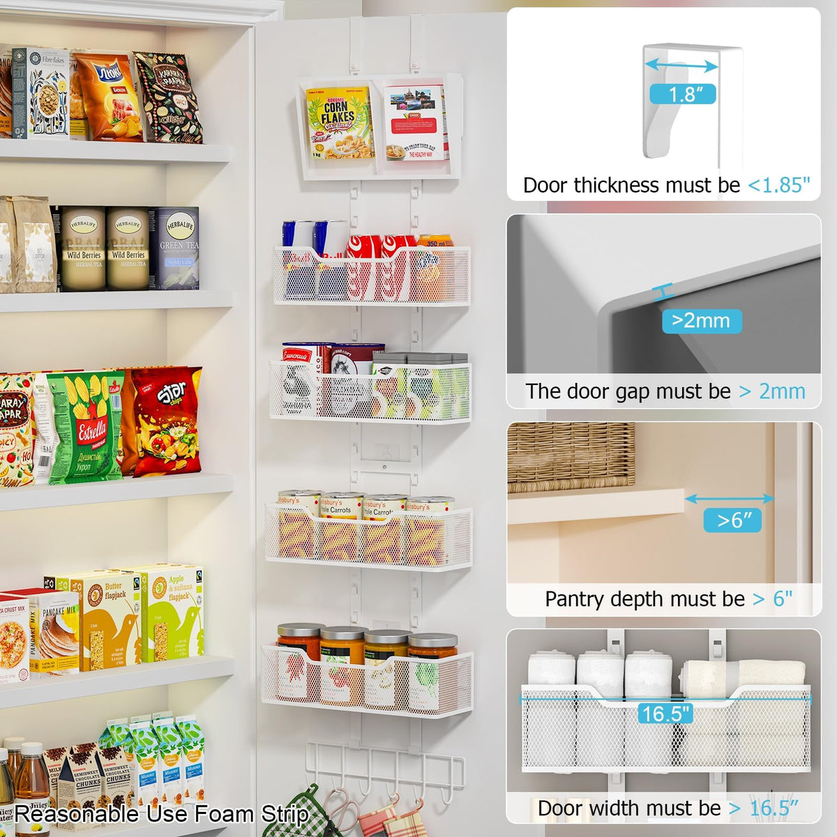 Hongtamoya Adjustable Over The Door Organizer, Hanging Door Storage with PVC Pocket and 4 Metal Baskets Wall Mount