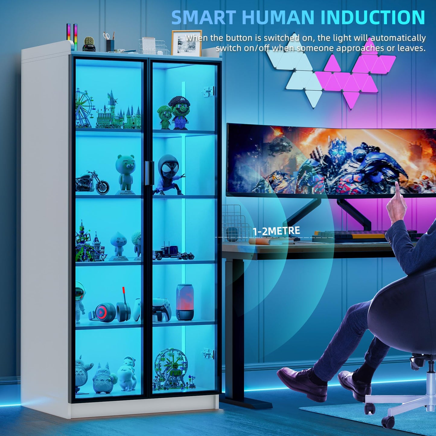 Lvifur 5-Tier Display Cabinets with LED Lights and Human Body Sensor,White
