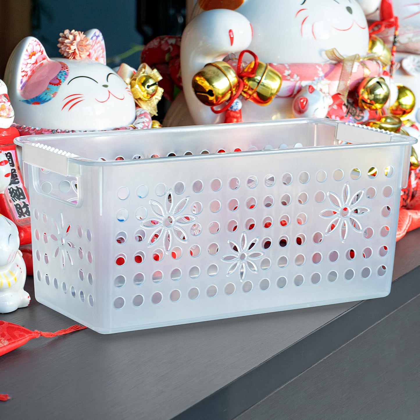 Cetomo Plastic Storage Box, Storage Baskets with Handle, Shelf Basket Organizer with Hole, Open Top Storage Bin for Home Kitchen Office, Transparent