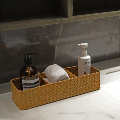 Seagrass Storage Basket with 3 Sections Woven Shelf Baskets for Organizing (Natural, 37cm x 12cm x 8cm)