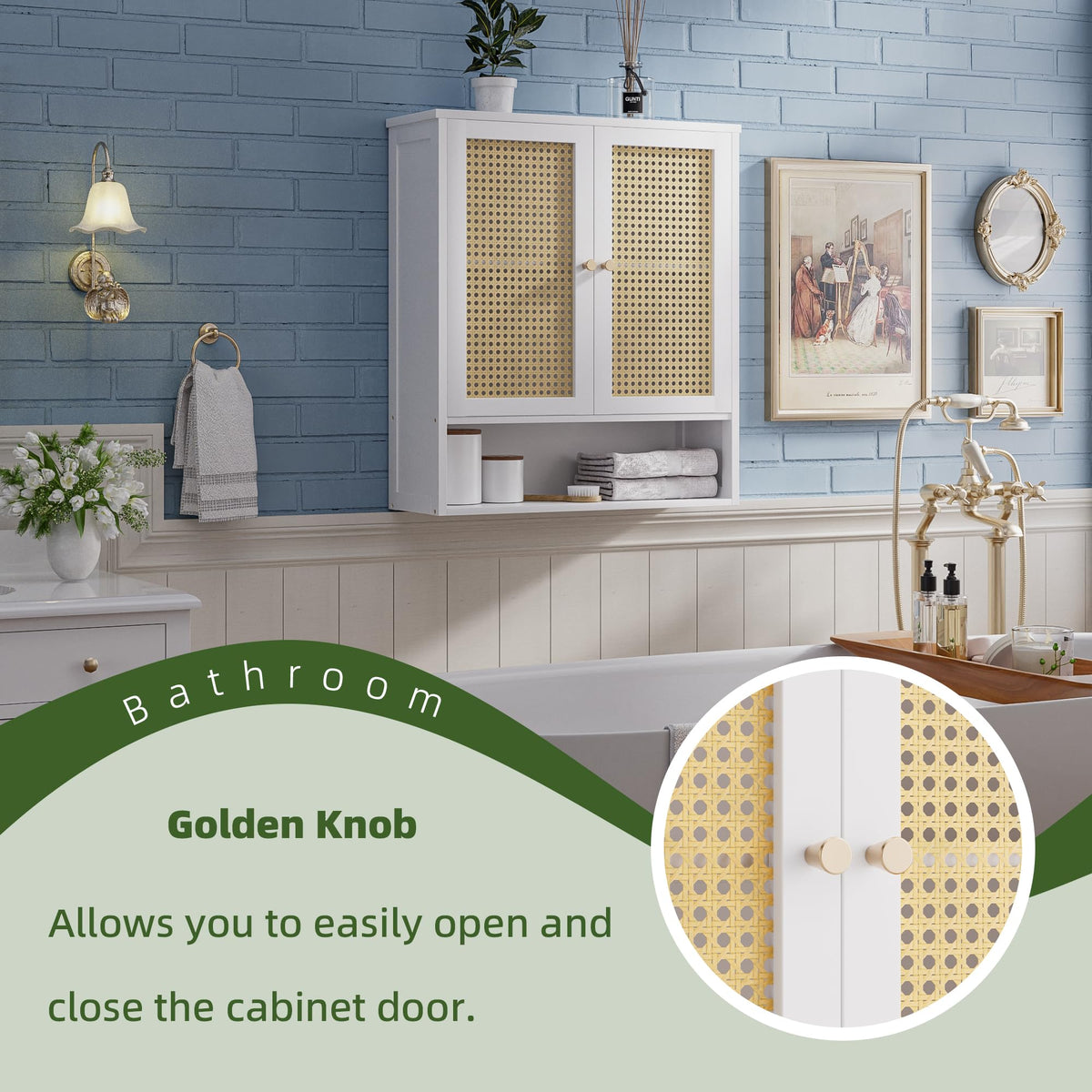 vovala Bathroom Wall Cabinet, Bamboo Over-The-Toilet Storage Organizer with 2 Rattan Doors and Adjustable Shelf
